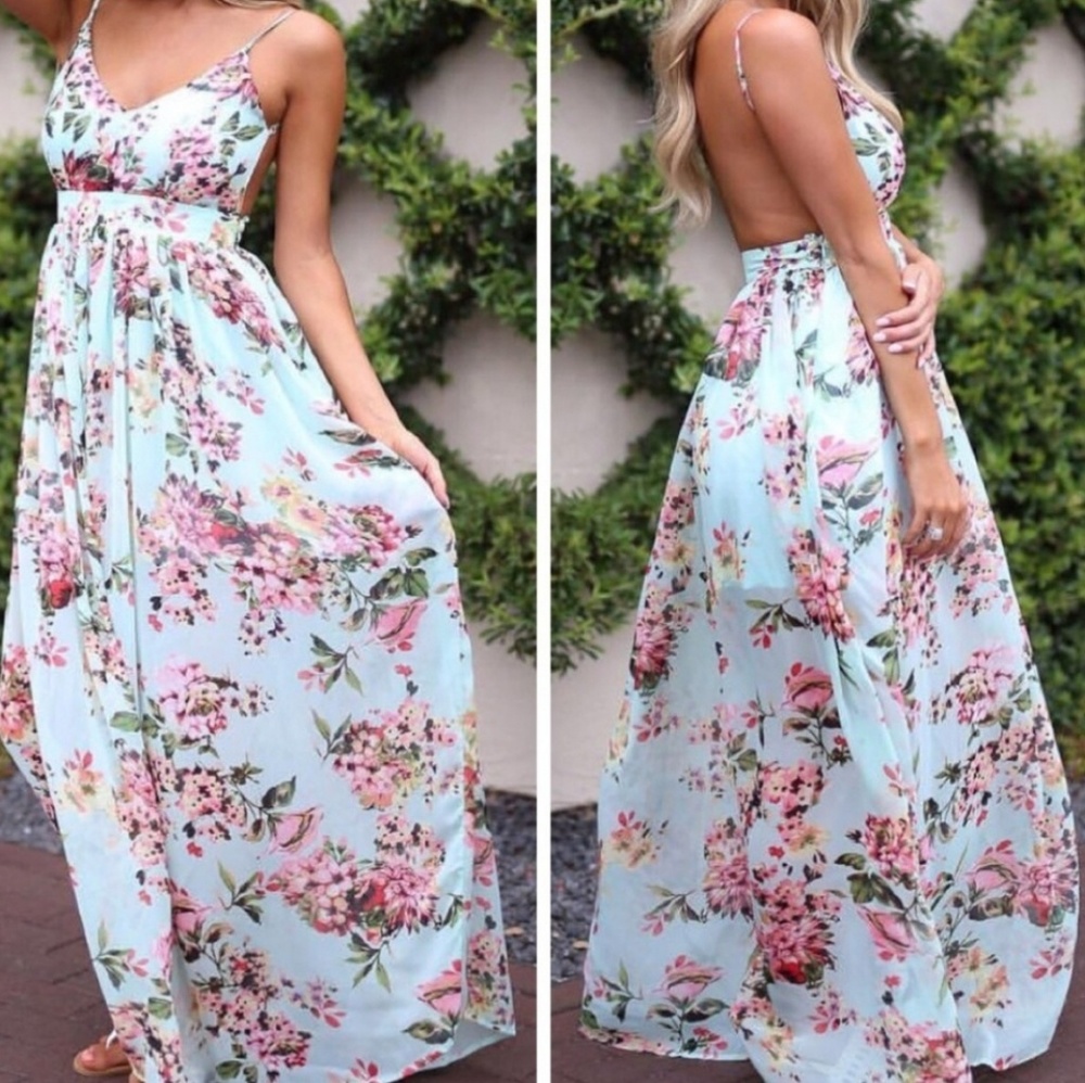 Open Back Mint Floral Dress